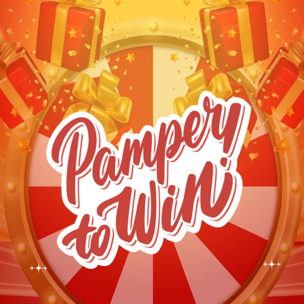 Nail Me On promotional banner: Pamper to Win festive circular marquee with gold ribbon gift boxes and celebratory confetti